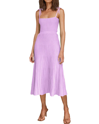ARTFREE Womens Ribbed Knit Summer Maxi Dresses Tie Straps Square Neck Party Long Dress, Lilac, XS