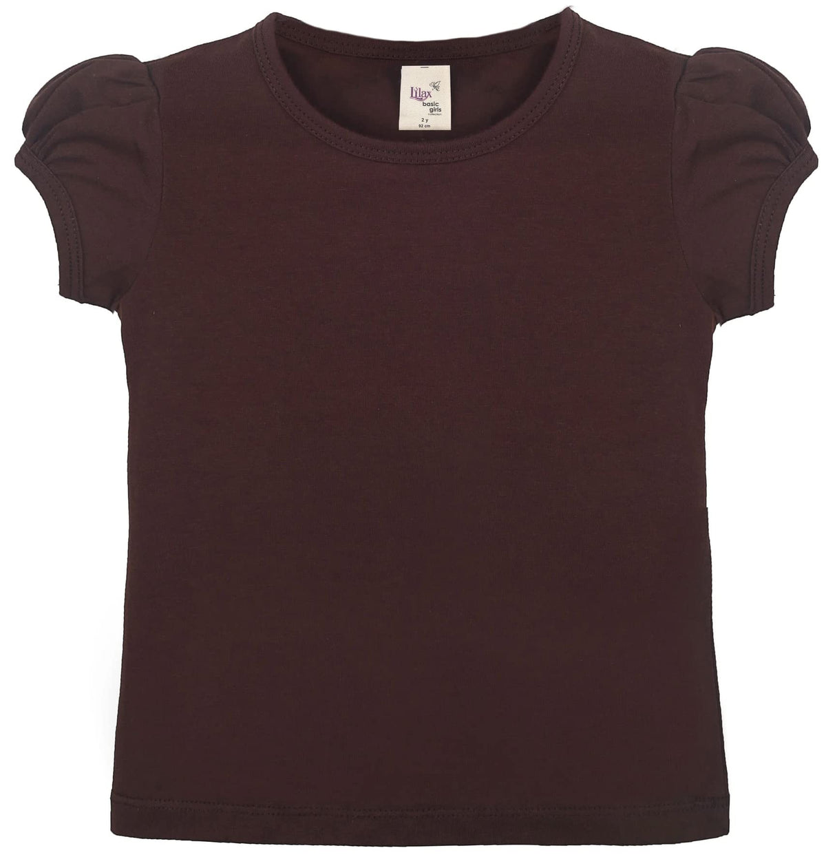 Lilax Girls' Basic Short Puff Sleeve Round Neck Cotton T-Shirt (7, Brown)