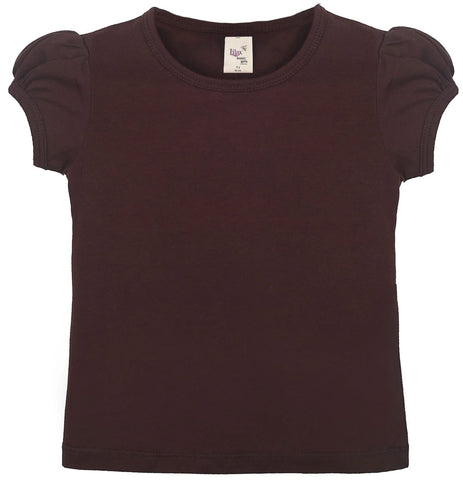 Lilax Girls' Basic Short Puff Sleeve Round Neck Cotton T-Shirt (7, Brown)