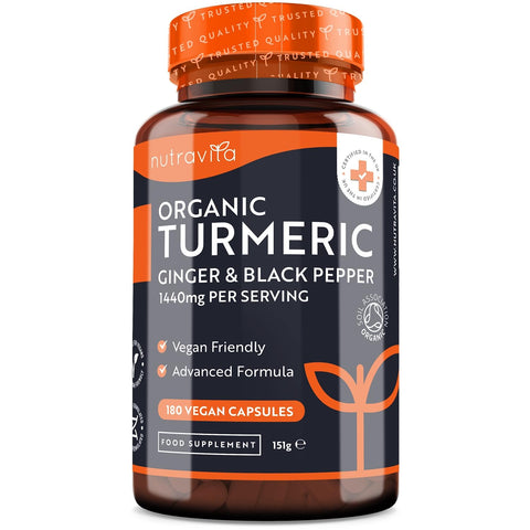 Organic Turmeric 1440mg (High Strength) with Black Pepper & Ginger - 180 Vegan Turmeric Capsules (3 Month Supply) - Organic Turmeric with Active Ingredient Curcumin - Made in The UK by Nutravita
