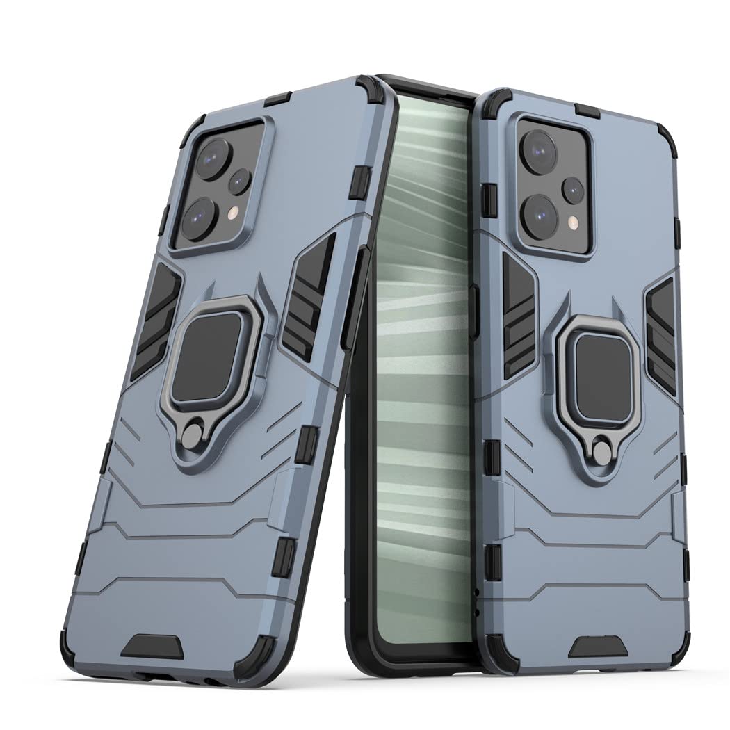 Compatible with OPPO Realme 9 Pro Plus Case, Metal Ring Grip Kickstand Shockproof Hard Bumper (Works with Magnetic Car Mount) Dual Layer Rugged Cover (Navy Blue)