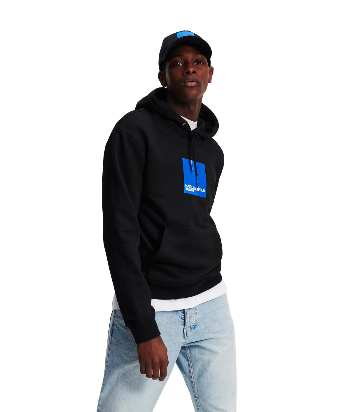 KARL LAGERFELD JEANS, MENS, REGULAR LOGO HOODIE, BLACK, LARGE