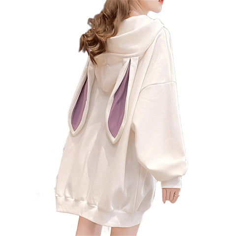 Women Kawaii Bunny Ear Hoodie Rabbit Aesthetic Cute Oversized Japanese Hooded Sweatshirt Long Sleeve Top Fall Winter (White,XL,X-Large)