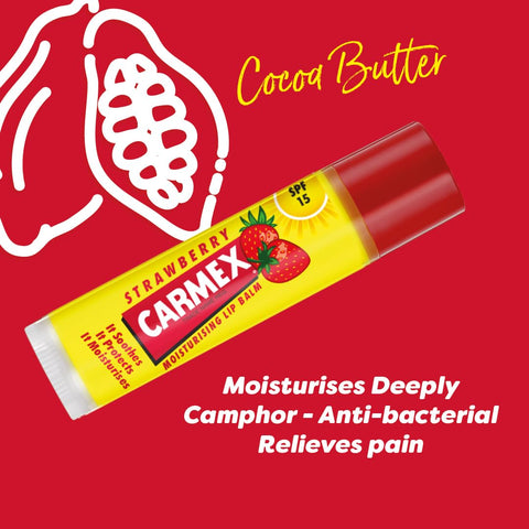 Carmex Strawberry Moisturising Lip Balm Stick for Soft, Protected Lips with SPF 15 (4.25 gm - Pack of 1)