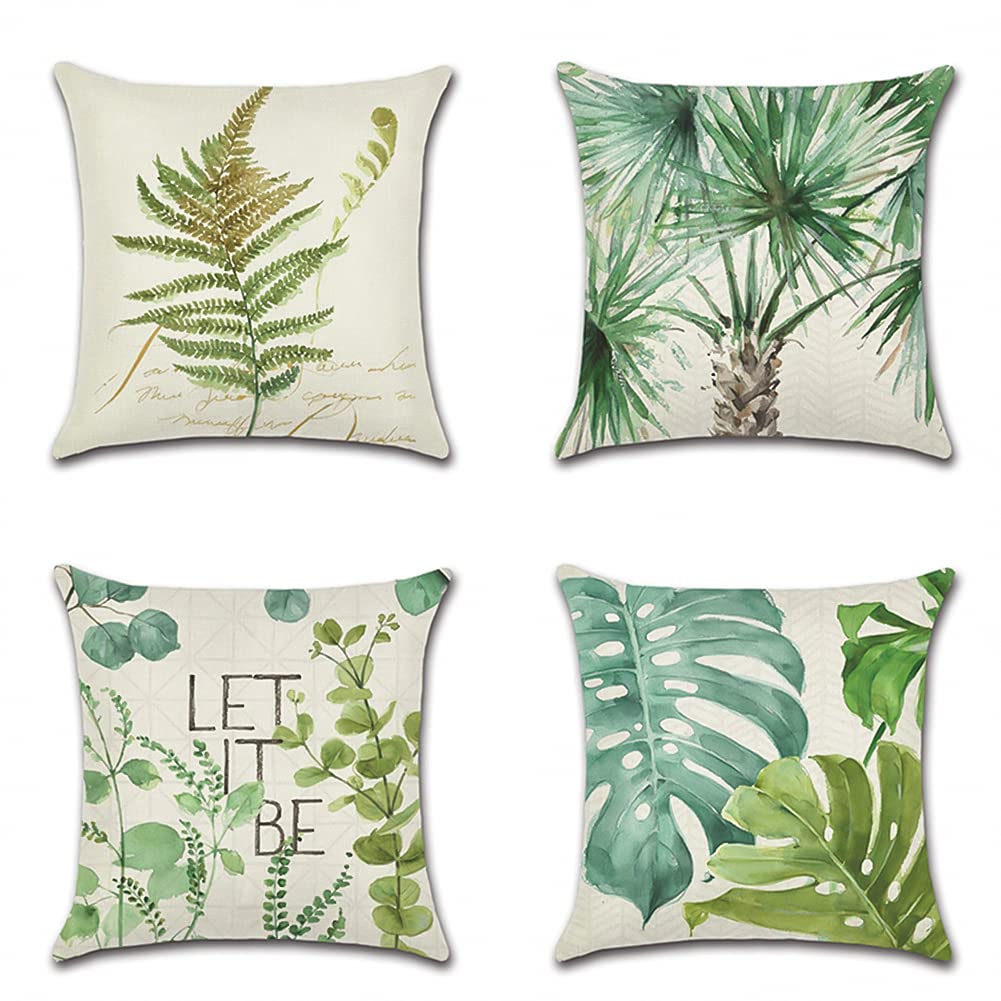 Artscope Set of 4 Decorative Cushion Covers 50x50cm, Green Leaf Pattern Waterproof Throw Pillow Covers, Perfect to Outdoor Patio Garden Bench Living Room Sofa Farmhouse Decor