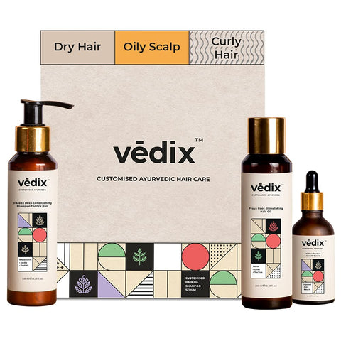 Vedix Customized Hair Fall Control Regimen for Dry Hair - Oily Scalp & Curly Hair - 3 Product Ayurvedic Kit - Anti Hair Fall Oil Neem + Lotus + Anti-Hairfall Shampoo For Dry Hair + Vithan Pro Hair Growth Serum