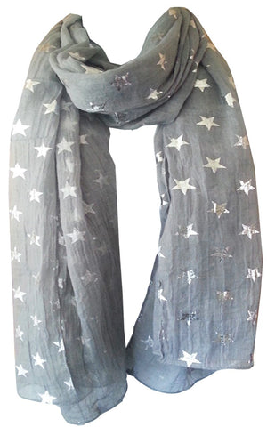 GlamLondon Star Scarf Glitter STARS Silver Foil Print Fashion Ladies Womens Classy Party Wrap (Grey)