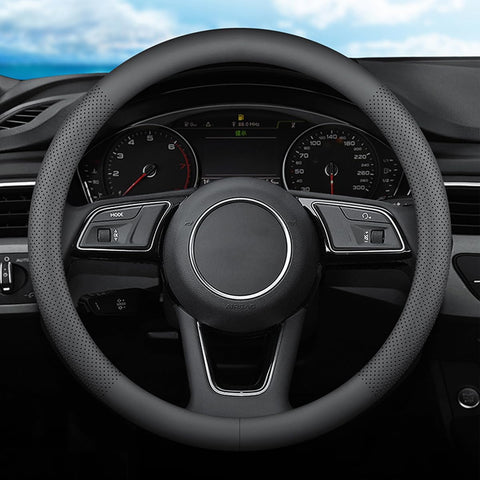 XHRING Car Steering Wheel Cover for Ford F150 F250 Raptor F250 Super Duty F350 Expedition Accessories F-150 XL XLT Lariat King Ranch Platinum Limited Lightning Tremor Leather Black 15 Â½''-16''