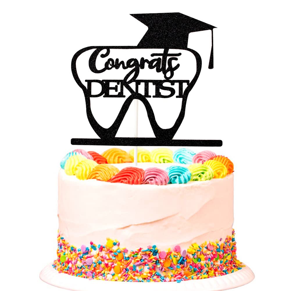 Congrats Dentist Cake Topper, 2024 Dentist Graduation Cake Toppers,Medical School Grad Party Decorations Supplies, Black Glitter