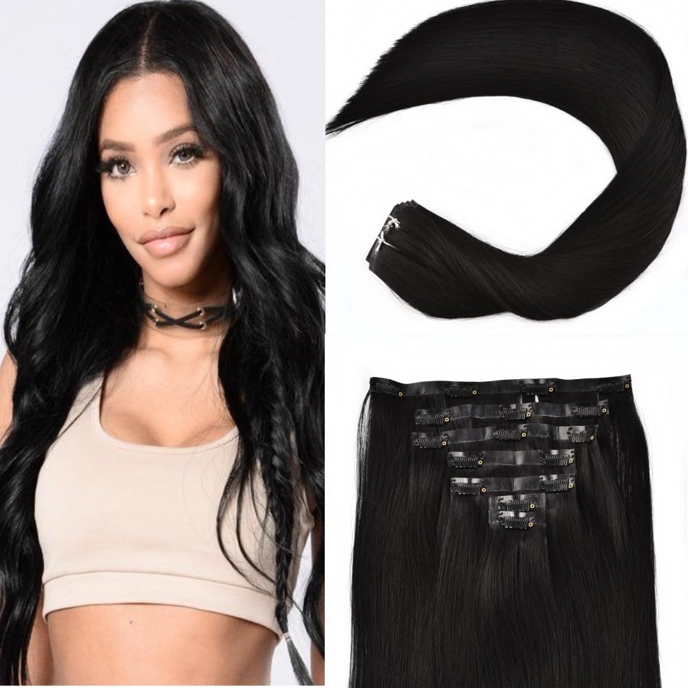 Senmy Seamless Clip in Hair Extensions Real Human Hair, Remy Seamless Human Hair Extensions Clip ins for Women, Silky Straight Natural Human Hair, 16inch 120g 7Pcs, #1 Jet black