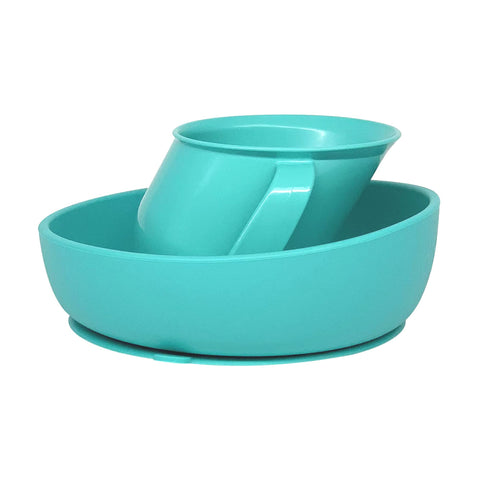 Doidy Bowl and Cup Set, Turquoise - Unique Slanted Design Training Sippy Cup and Non-Slip Silicone Suction Bowl - Weaning Gift Set for Babies