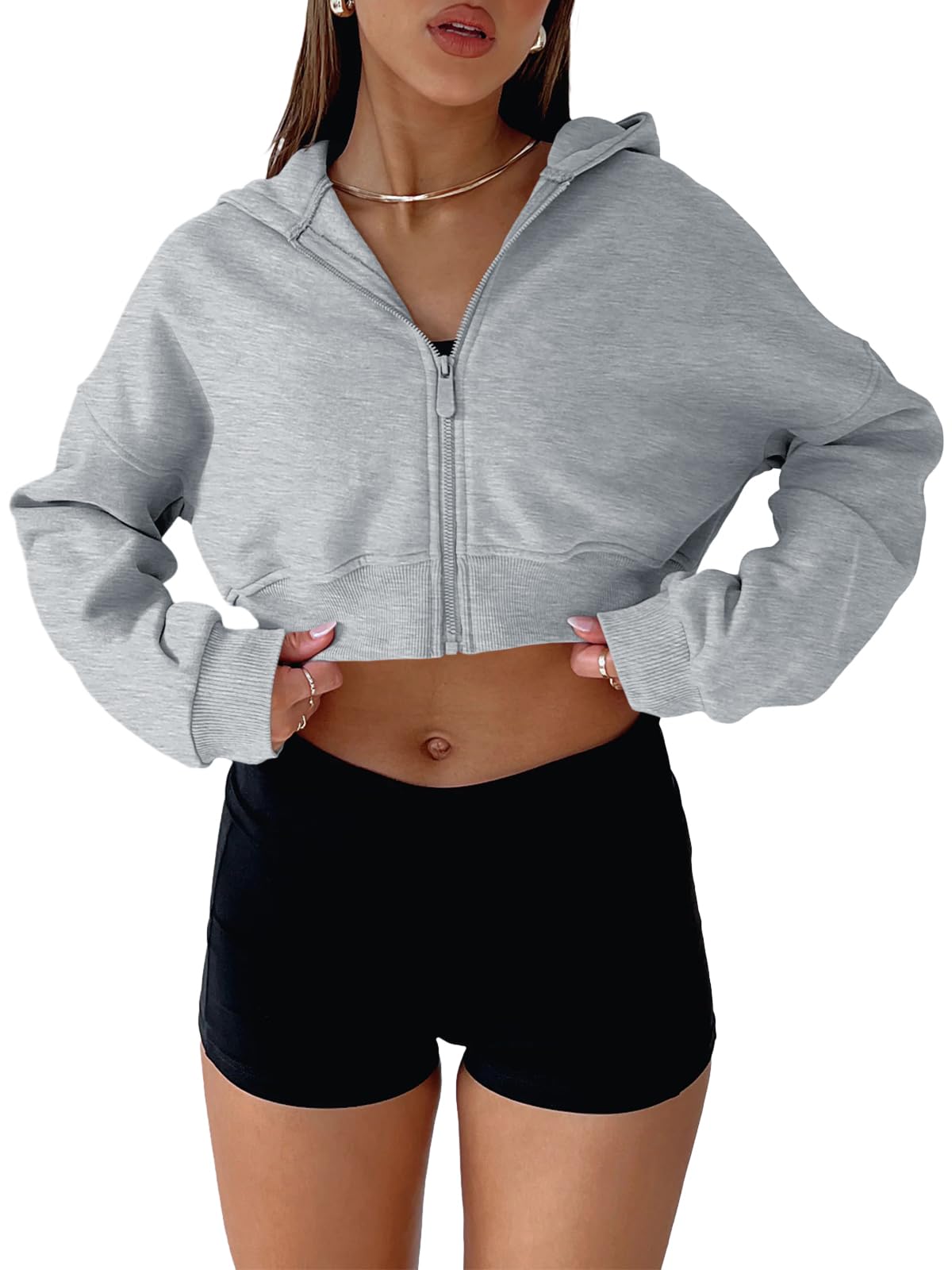 Aurgelmir Women's Cropped Zip Up Hoodie Sweatshirts Long Sleeve Casual Loose Y2K Pullover Tops, Grey, Medium