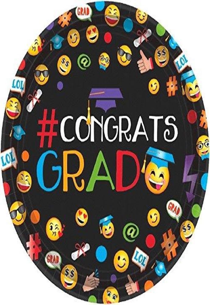 Cool Graduation "#CONGRATS GRAD" Emoji Round Plates Party Tableware, Paper, 7" Diameter, Pack of 60