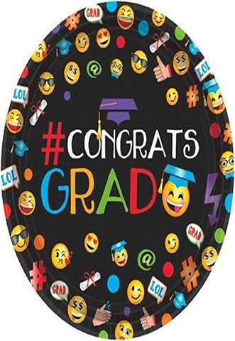 Cool Graduation "#CONGRATS GRAD" Emoji Round Plates Party Tableware, Paper, 7" Diameter, Pack of 60