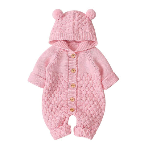 OBEEII Newborn Baby Ear Hooded Knitted Romper Snowsuit Bodysuit Overalls for Baby Boy Girl Pink 12-18 Months