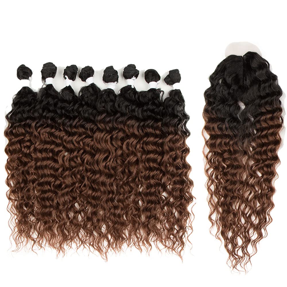 DÃƒâ€°BUT Water Wave 8 Bundles with Simple Closure Wavy Synthetic High Temperature Fiber Hair Weave 9PCS 20 Inch 240g (TT1B/30: Dark Roots Mixed Brown Color)