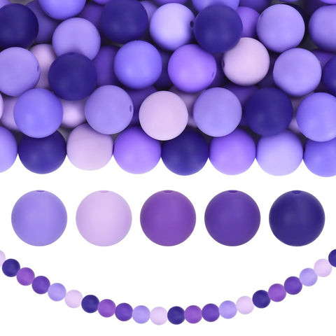 Whaline 120Pcs Summer Mermaid Purple Silicone Beads with Elastic Rope 5 Colors Gradient Purple 15mm Round Loose Rubber Beads Lilac Spacer Silicone Beads for DIY Crafts Jewelry Keychain Pen Making