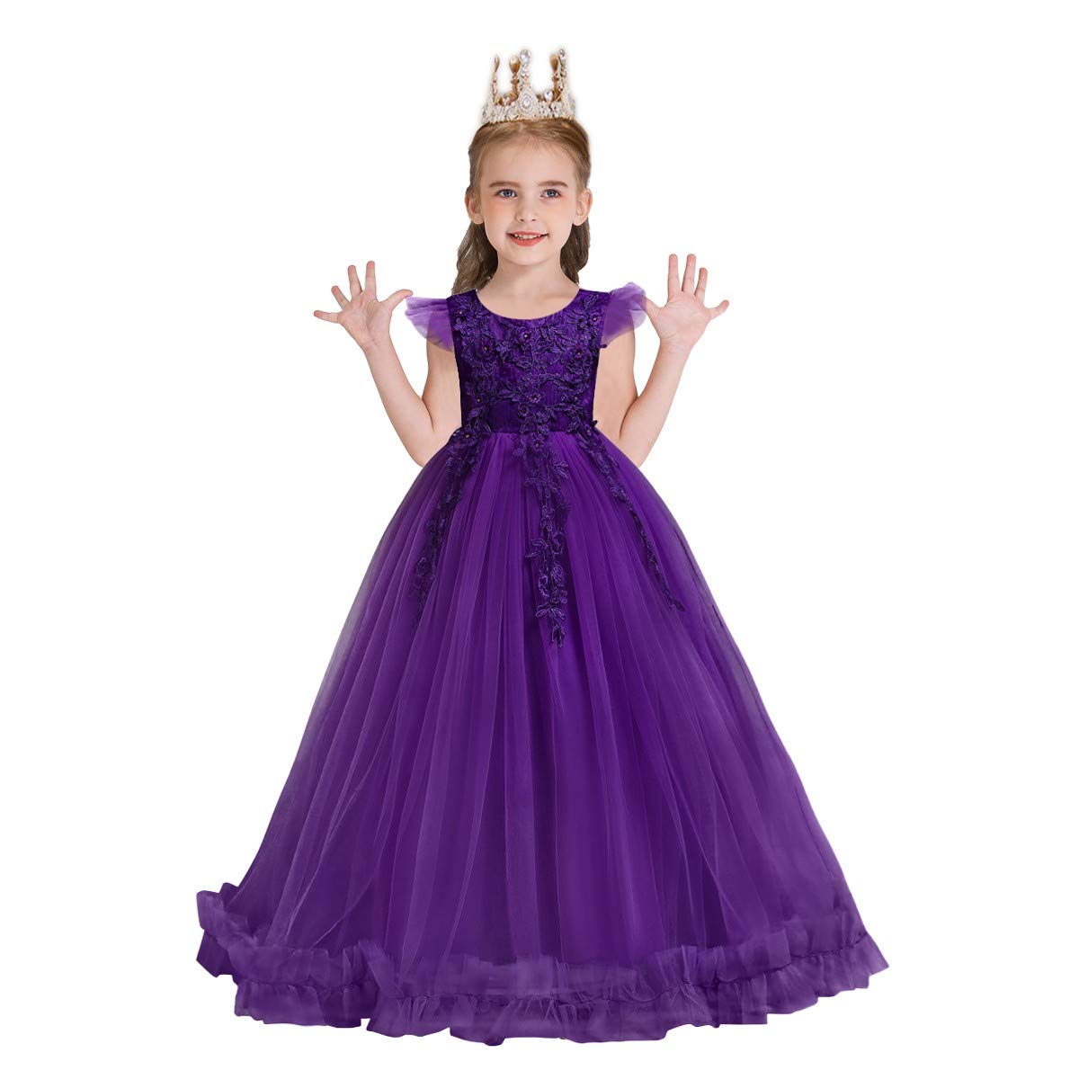 HIHCBF Flower Girls Embroidered Lace Princess Communion Dress Ruffle Tulle Wedding Birthday Pageant Evening Ball Gown Purple 7-8T
