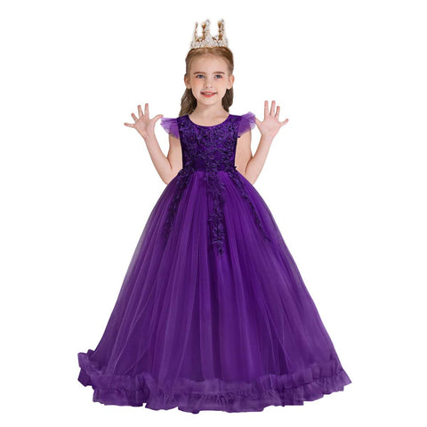HIHCBF Flower Girls Embroidered Lace Princess Communion Dress Ruffle Tulle Wedding Birthday Pageant Evening Ball Gown Purple 7-8T