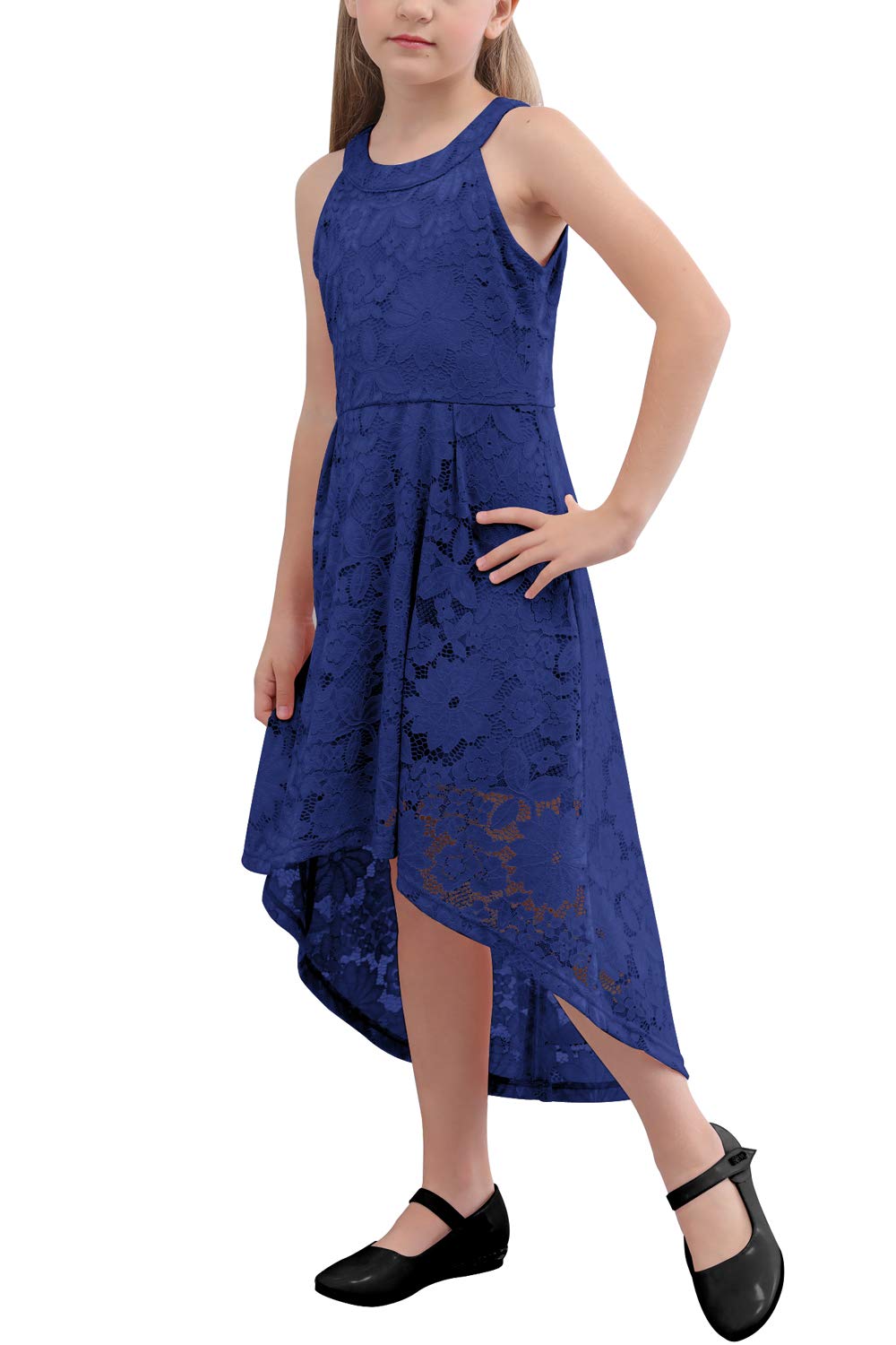 GORLYA Girl's Elegant Halter Neck Floral Lace Hi-Lo Flower Girl Birthday Party Dress for 4-14T Kids (GOR1027, 4-5Y, Blue)