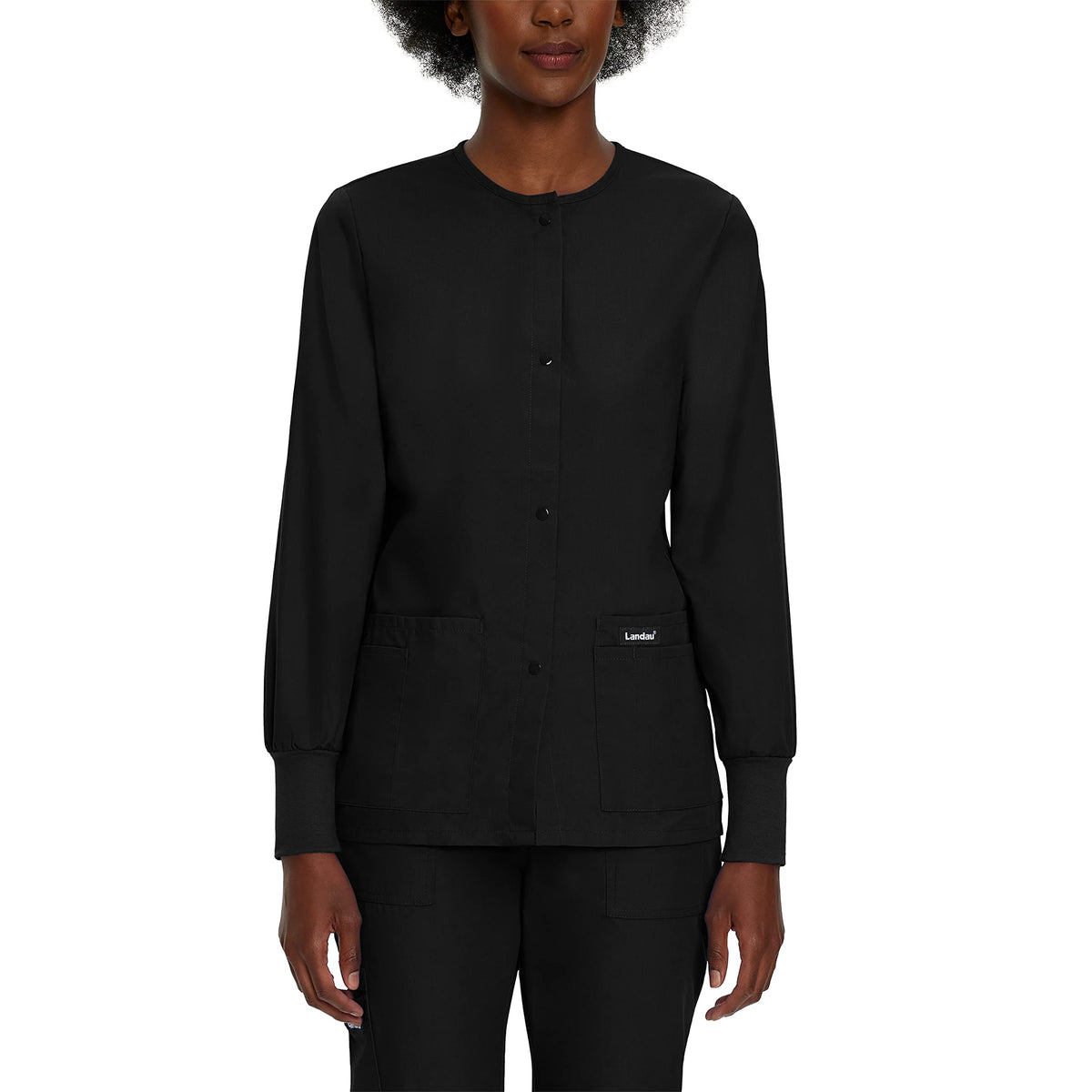 Landau Essentials Relaxed Fit 4-Pocket Snap-Front Scrub Jacket for Women 7525 Black