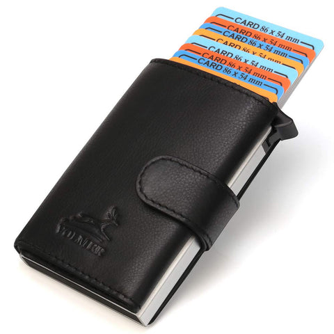 Fa.Volmer ® Pop-up card case made of genuine leather with/without coin compartment for men and women, max. 11 cards, RFID protection, wallet VO24/31, Black/Black, 6 x 9,5 x 1,5cm, Contemporary