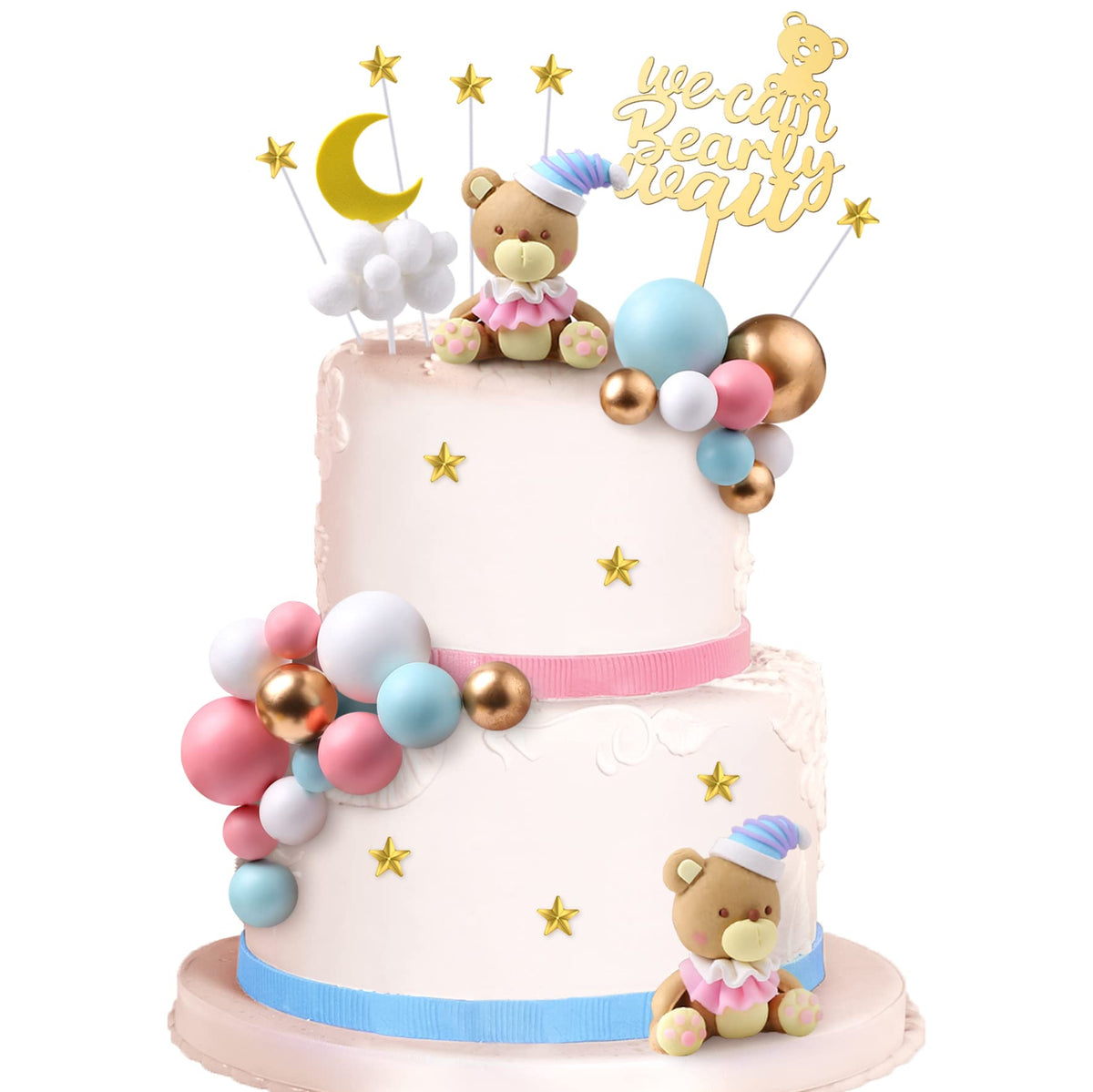 34 Pcs Bear Cake Toppers Mini Bear Cake Decorations We Can Bearly Wait Cake Topper Gold White Pink Blue Pearl Ball for Baby Shower Birthday Party Bear Theme Party Supplies