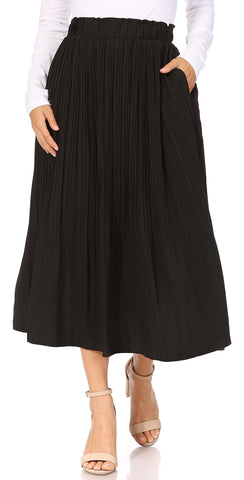 Black Pleated Skirts for Women with Pockets, Elastic High Waisted Black Midi Skirts Reg & Plus Size Womens Long Skirts (XX-Large, Black)