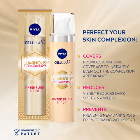 NIVEA Cellular LUMINOUS 630 Anti-Dark Spot Tinted Fluid SPF 20 Double Corrector (40ml), Correcting Dark Spot Cream, Facial Concealer for Luminous Skin