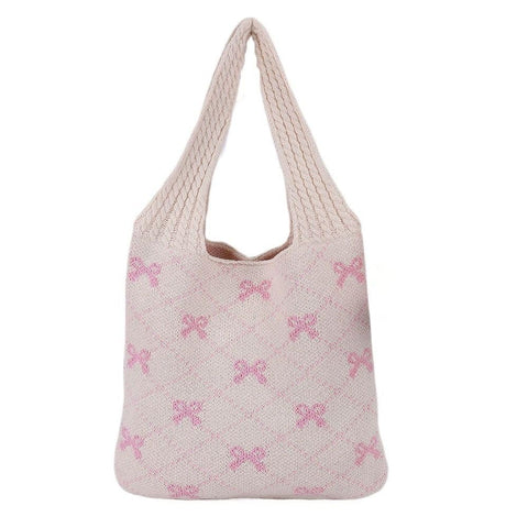 zaoalife Crochet Tote Bag, Knitted Shoulder Tote Bag Large Crochet Beach Bag,Bow Pattern Tote Bag,Large Aesthetic Shoulder Bag for Women Summer