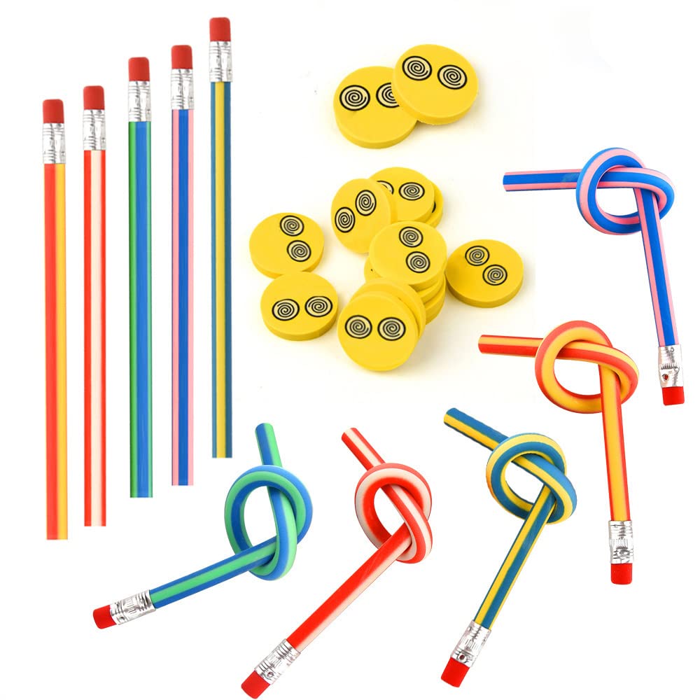 FEPITO 62 Pcs Kids Party Bag Filler Set, Soft Flexible Bendy Pencils and Erasers Magic Bend Toys School Fun Stationary Equipment Party Favor Supplies, Random style