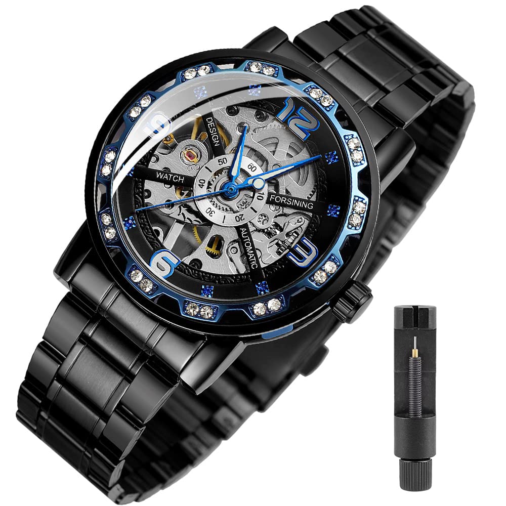 Tiong Stainless Steel Men's Watch Mechanical, Automatic Winding Skeleton Waterproof Arabic NumeralsDiamond Dial Men's Watch, Dial Automatic Watch