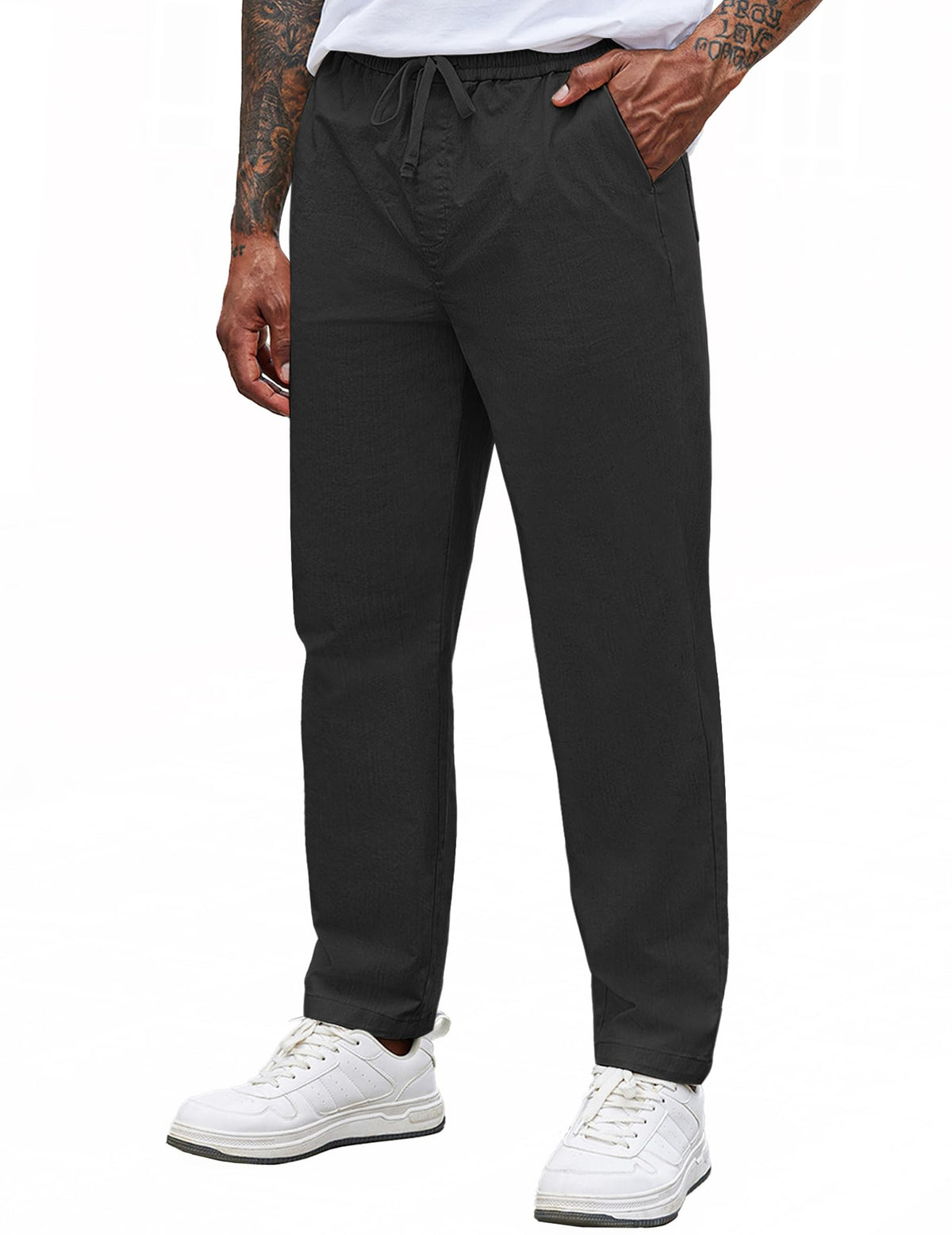 COOFANDY Mens Drawstring Pants Black Casual Pants Elastic Waist Tapered Chinos Pants with Pockets, Black, L