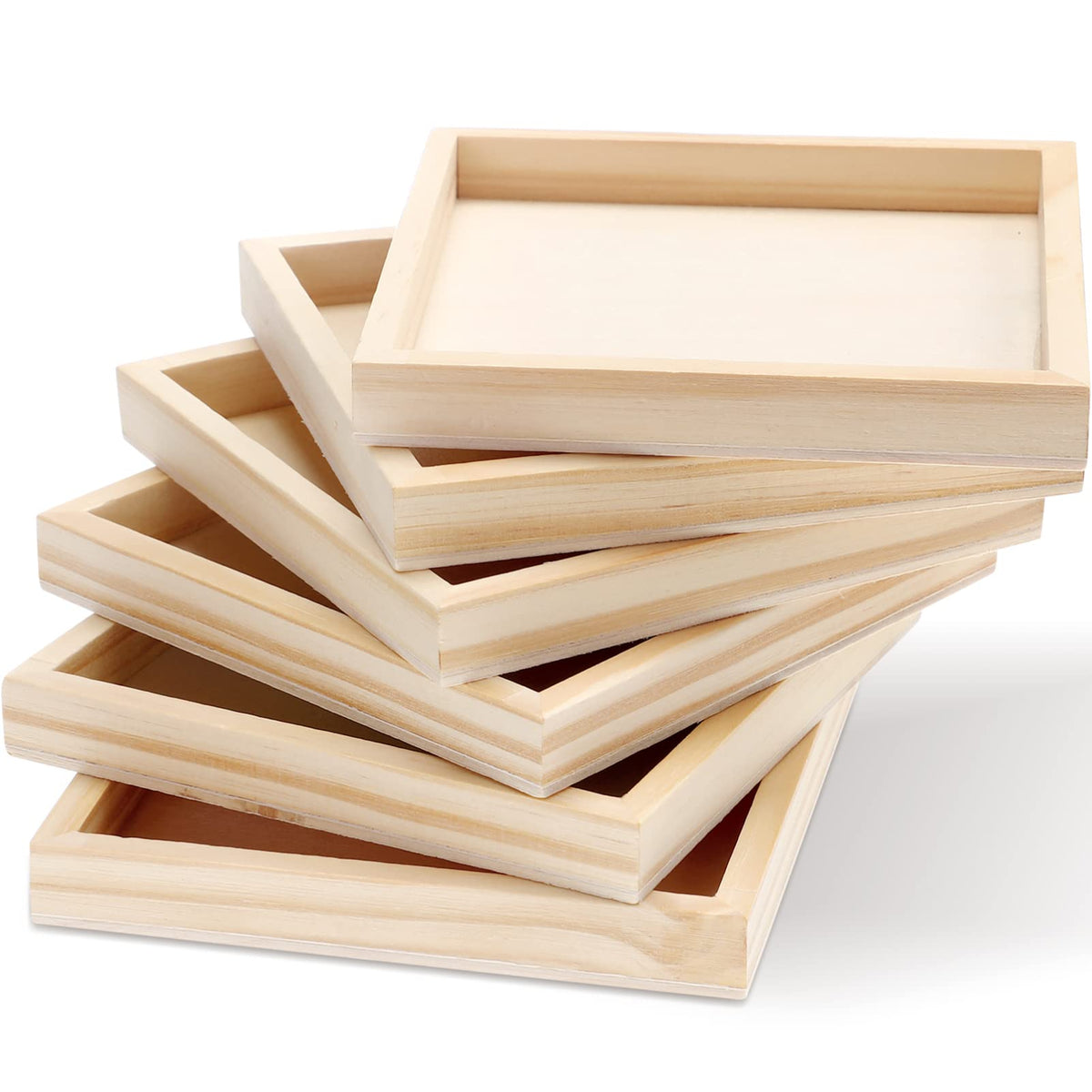 VANZACK 12 X 12CM Wooden Trays, 6 Pack Square Serving Boxes - Unfinished Small Wood Serving Tray for Montessori Materials, Crafts to Paint Wooden Pallet