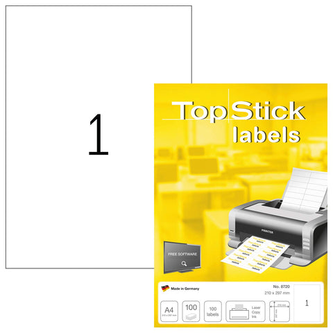 TopStick Self Adhesive Multipurpose Labels, 1 Label per A4 Sheet, 100 Sheets, 210 x 297 mm, 100 Labels, Blank Universal Labels Stickers, Sticky Labels for Laser & Inkjet Printer, White