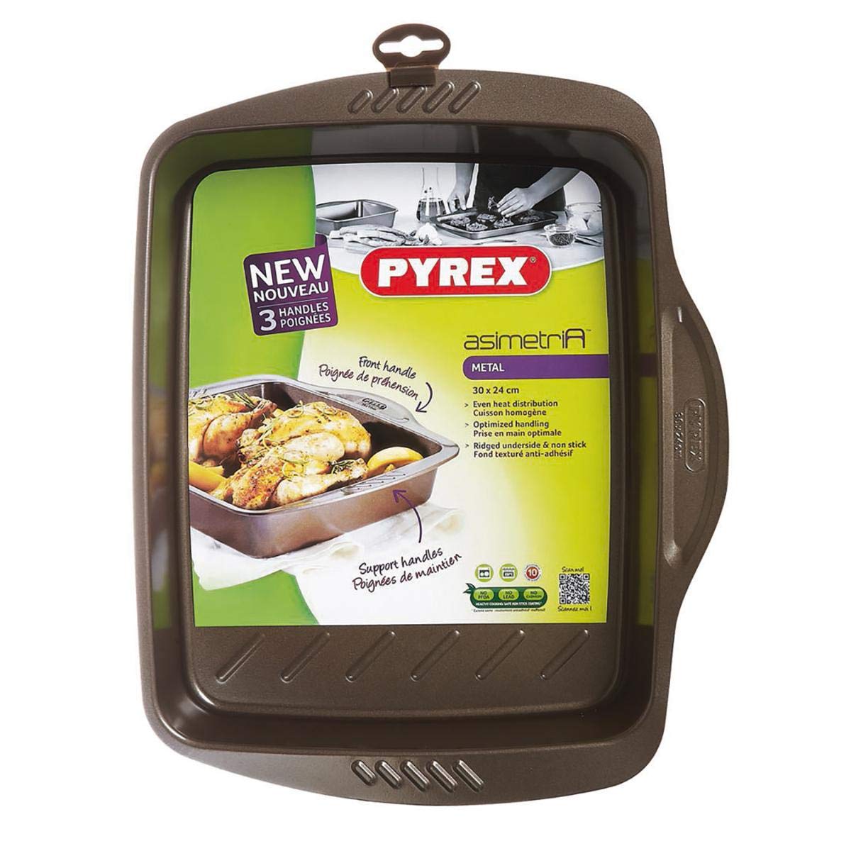 Pyrex asimetriA Metal Easy-Grip Rectangular Roaster 30x24 cm, Brown, 2