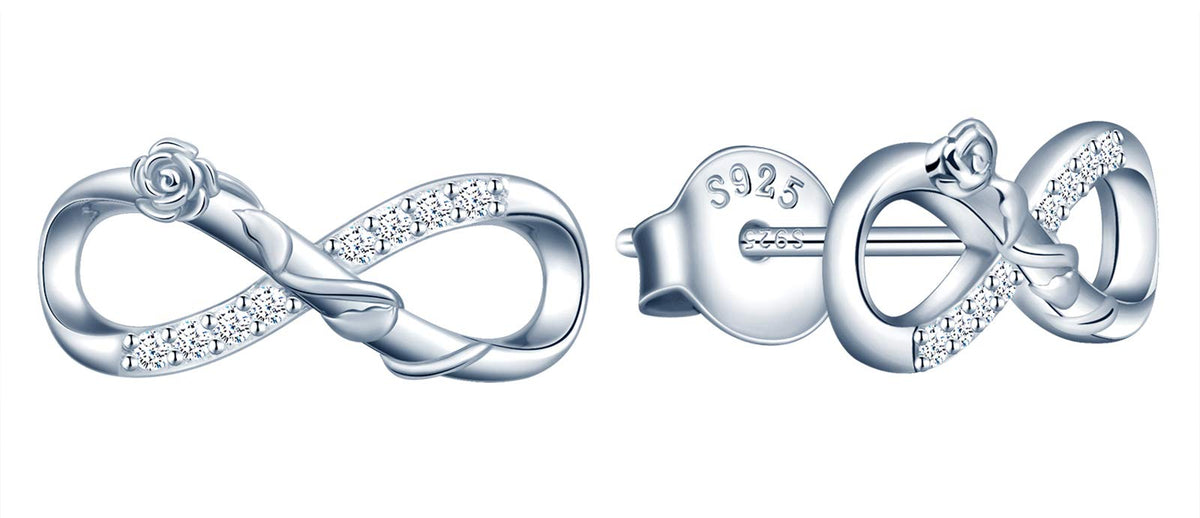 INFINIONLY Women's Earrings Studs, 925 sterling silver Jewellery Sets, Elegant Roses twine infinity symbol earrings, silver, Inlaid zircon, Christmas and Birthday gift