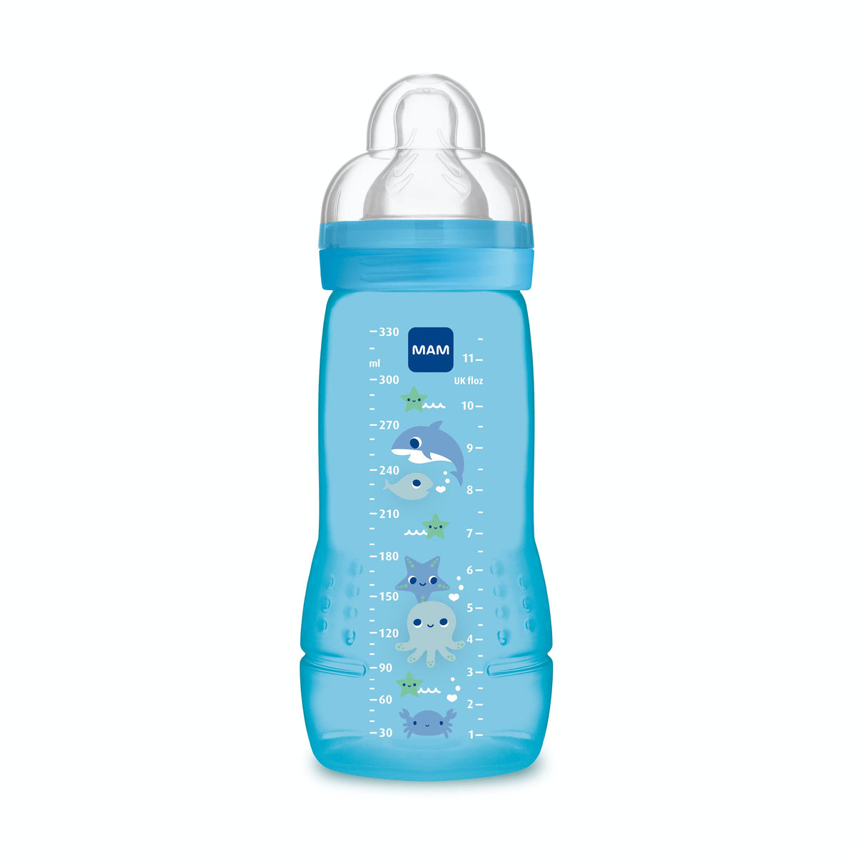 MAM, Easy Active Bottle 6+ Months (330 ml) Blue - Bottle with Silicone Teat Ultra-Fast X-Speed Flow - Baby Bottle with Airtight Seal