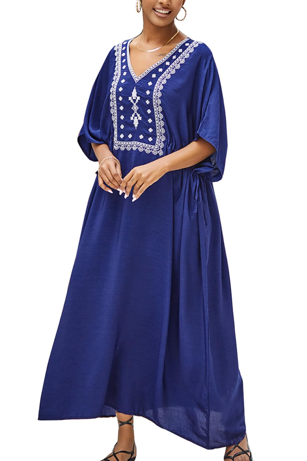 YouKD Embroidered Floral Kaftan Bohemian Beach Dress Bikini Coverups Long Bathrobes for Women
