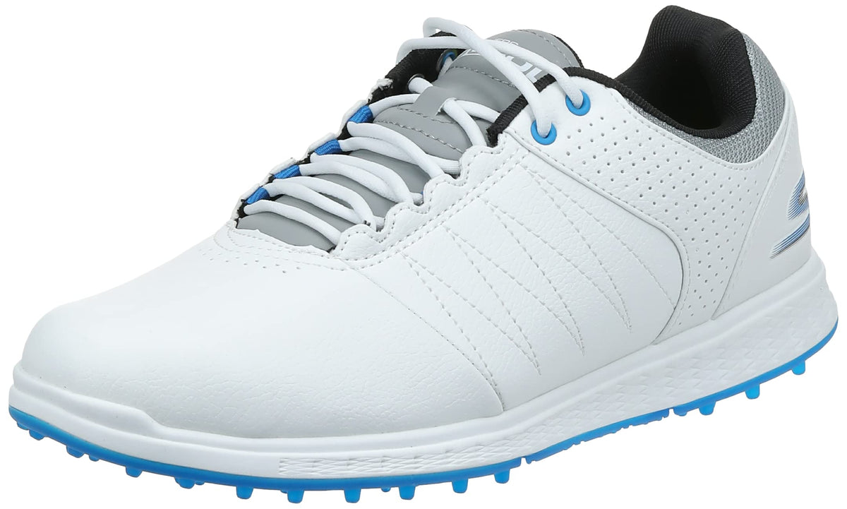 Skechers Men's Pivot Spikeless Golf Shoe, White/Gray/Blue, 12.5