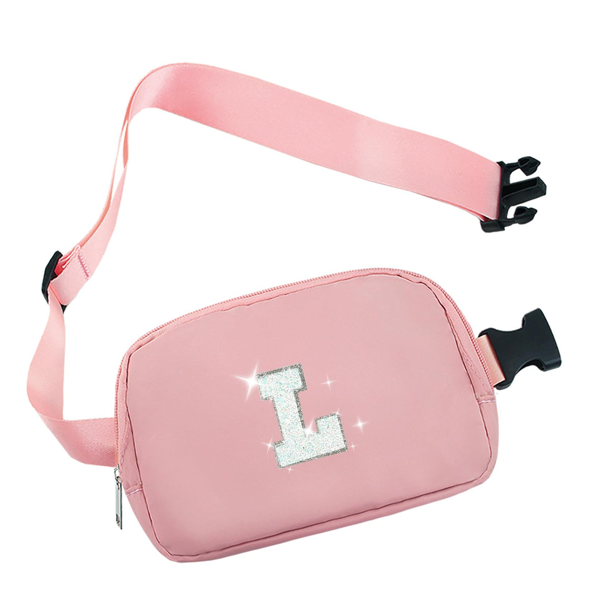 COSHAYSOO Small Waist Fanny Pack Belt Bag with Initial Letter Patch Adjustable Strap for Women Teen Girl Boy Running Traveling, Crossbody Travel Purse Trendy Preppy Pouch (Black Ivory Blue Pink),