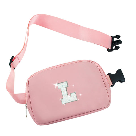 COSHAYSOO Small Waist Fanny Pack Belt Bag with Initial Letter Patch Adjustable Strap for Women Teen Girl Boy Running Traveling, Crossbody Travel Purse Trendy Preppy Pouch (Black Ivory Blue Pink),
