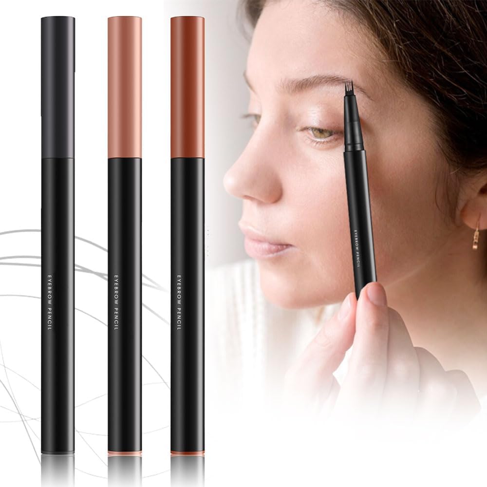Generic 4-Tip Eyebrow Pencil, Upgraded 3D Waterproof and Sweat-proof Microblading Eyebrow Pencil Contouring Pen with 4 Fork, Long-Lasting Eyebrow Brush Microblade Eyebrow Pencil for Woman (3 Colors)