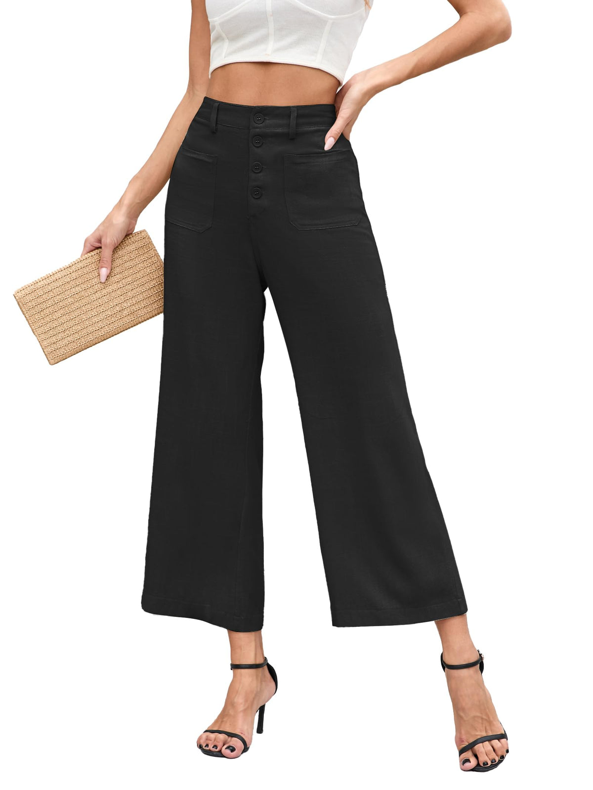 Famulily Cropped Wide Leg Pants for Women Button Down Linen Capri Pants for Women High Rise Capris for Women Black S