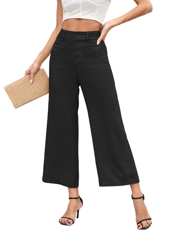 Famulily Cropped Wide Leg Pants for Women Button Down Linen Capri Pants for Women High Rise Capris for Women Black S
