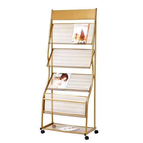 Magazine Display Stand Floor-Standing Magazine Rack, 4-Layer Iron Wheeled Newspaper Rack, Brochure Display Stand for the Display of Brochures or Documents Magazine Rack (Color : Gold)