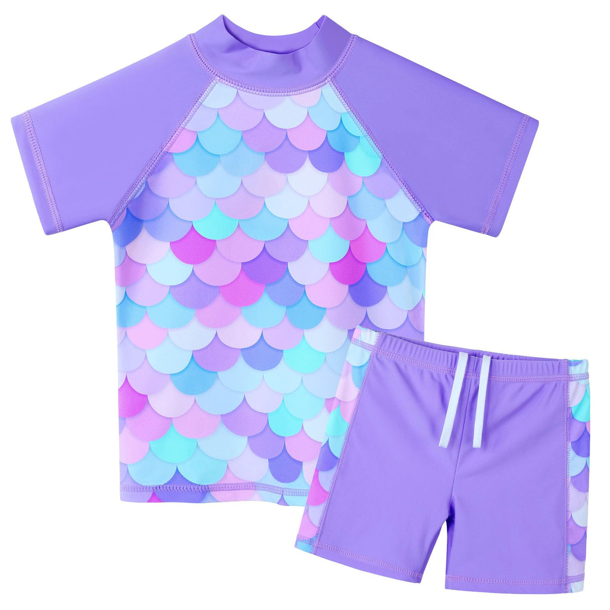ZNYUNE Children's Swimsuit Girls Two Piece Swimsuit Fabric Print Short Sleeves + Trouser Skirt Swimwear Swimsuit, Mns451-mermaid purple, 9-10 Years