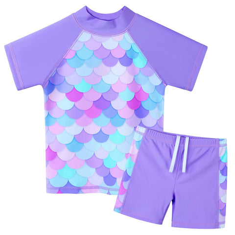 ZNYUNE Children's Swimsuit Girls Two Piece Swimsuit Fabric Print Short Sleeves + Trouser Skirt Swimwear Swimsuit, Mns451-mermaid purple, 9-10 Years