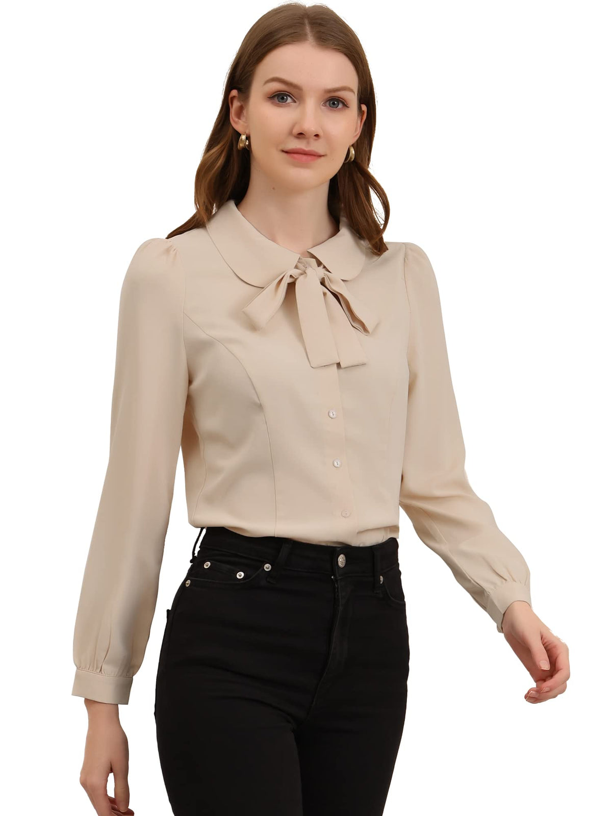 Allegra K Women's Peter Pan Collar Blouse Bow Tie Neck Vintage Button Up Shirt, Beige, S