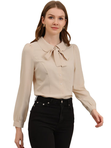 Allegra K Women's Peter Pan Collar Blouse Bow Tie Neck Vintage Button Up Shirt, Beige, S
